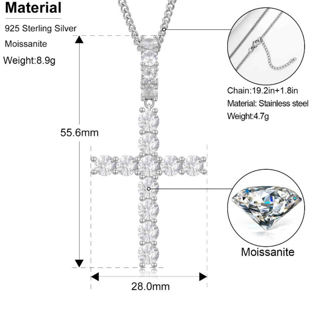 3.64 ctw Moissanite Diamond Cross Pendant Necklace Solid 925 Sterling Silver - Picture 9 of 10